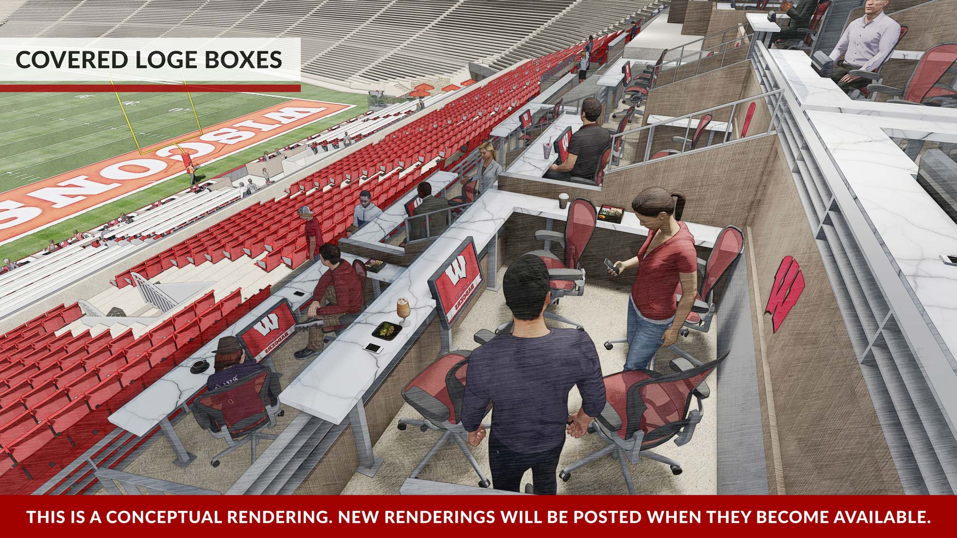 Camp Randall Stadium South End Zone Rendering From the Stands Looking Down Accross The Stands To the Opposite Corner With a View of the individual outdoor private box areas.