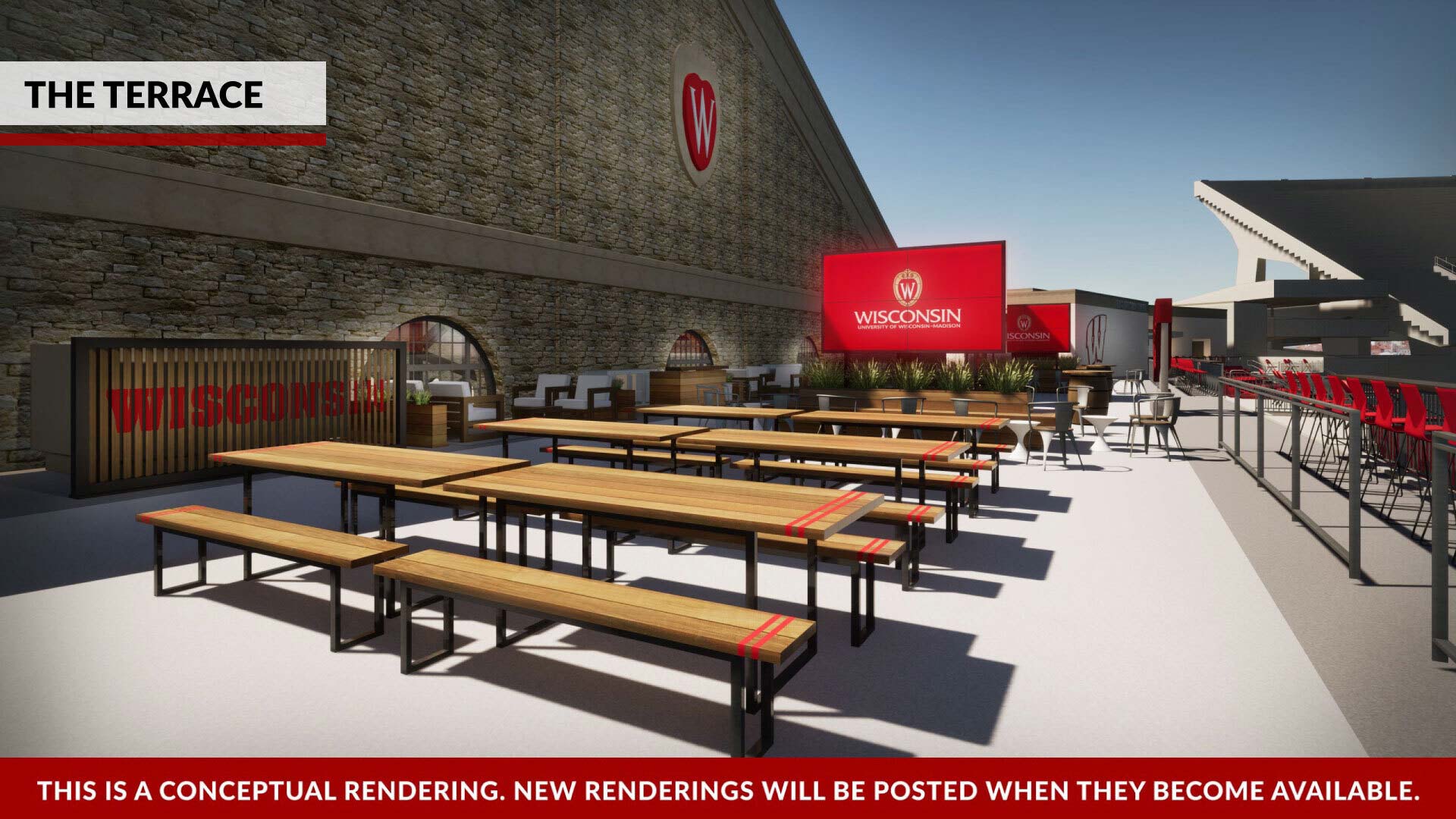 An render of the outside of the top area showing tables, chairs, and a couple of large televisions.