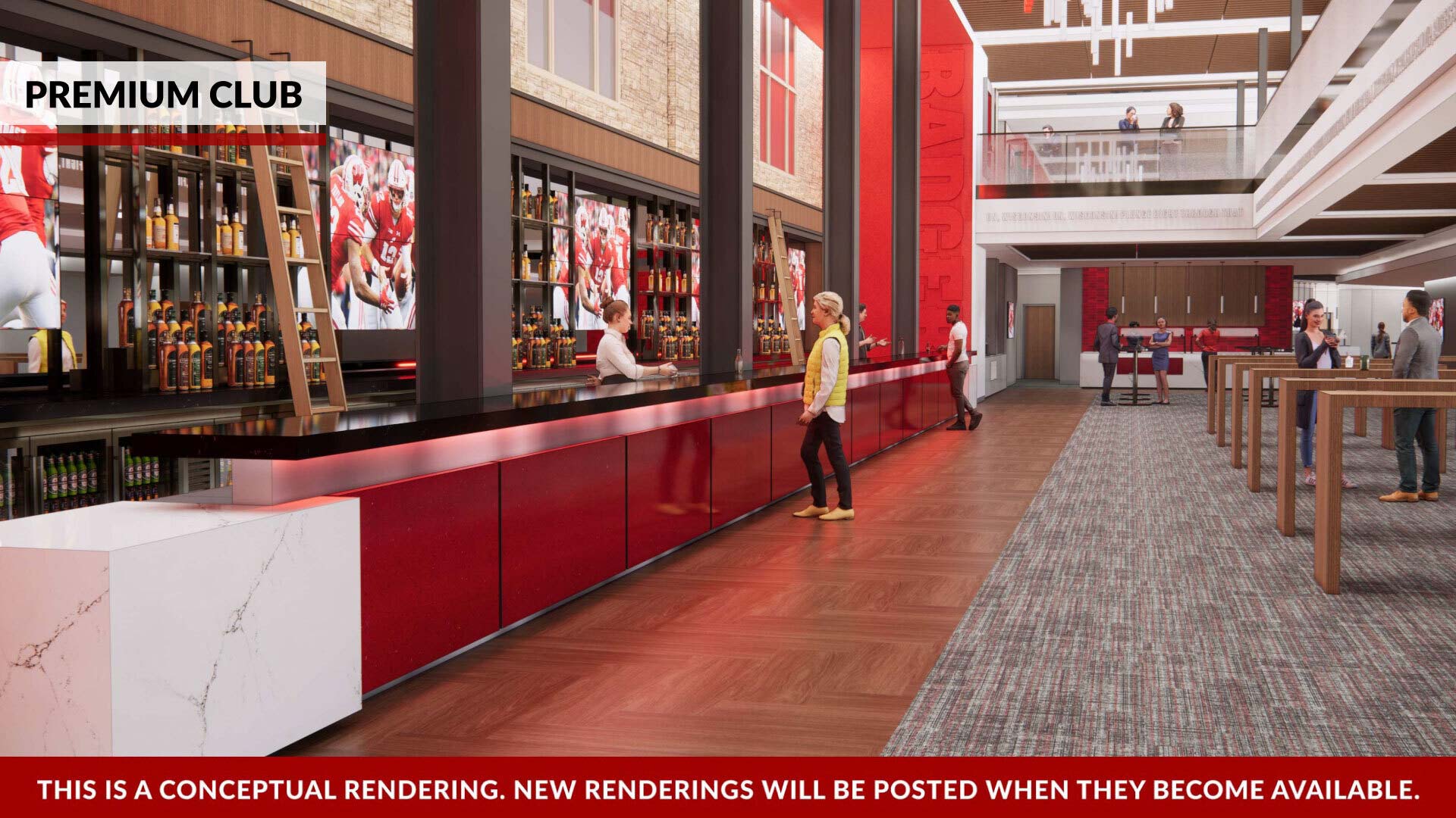 A render of the beverage area of the inside of the premium club area.